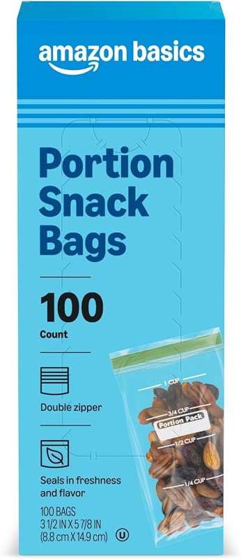 Amazon Basics Portion Snack Bags, Double Zipper Seals in Freshness, 3.5" x 5.9", 100 Count