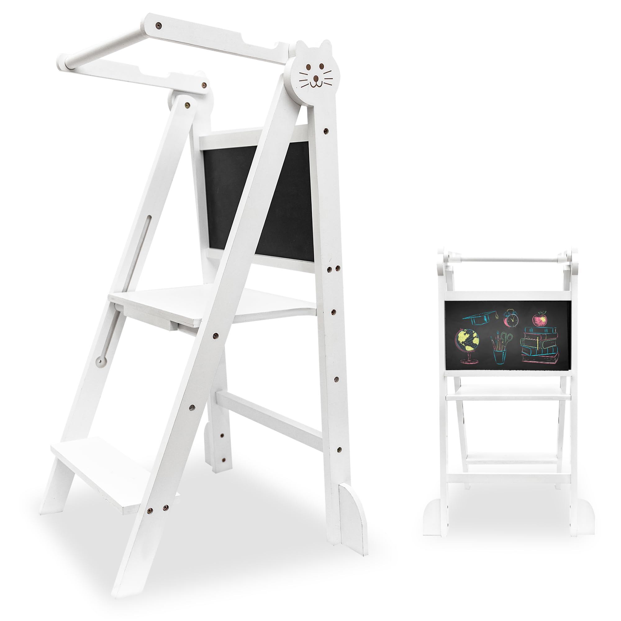 Lernturm Klappbar – Höhenverstellbarer Kinder Lernturm aus Bambus – Sicherer Tritthocker & Küchenhelfer bis 50kg – Weiß