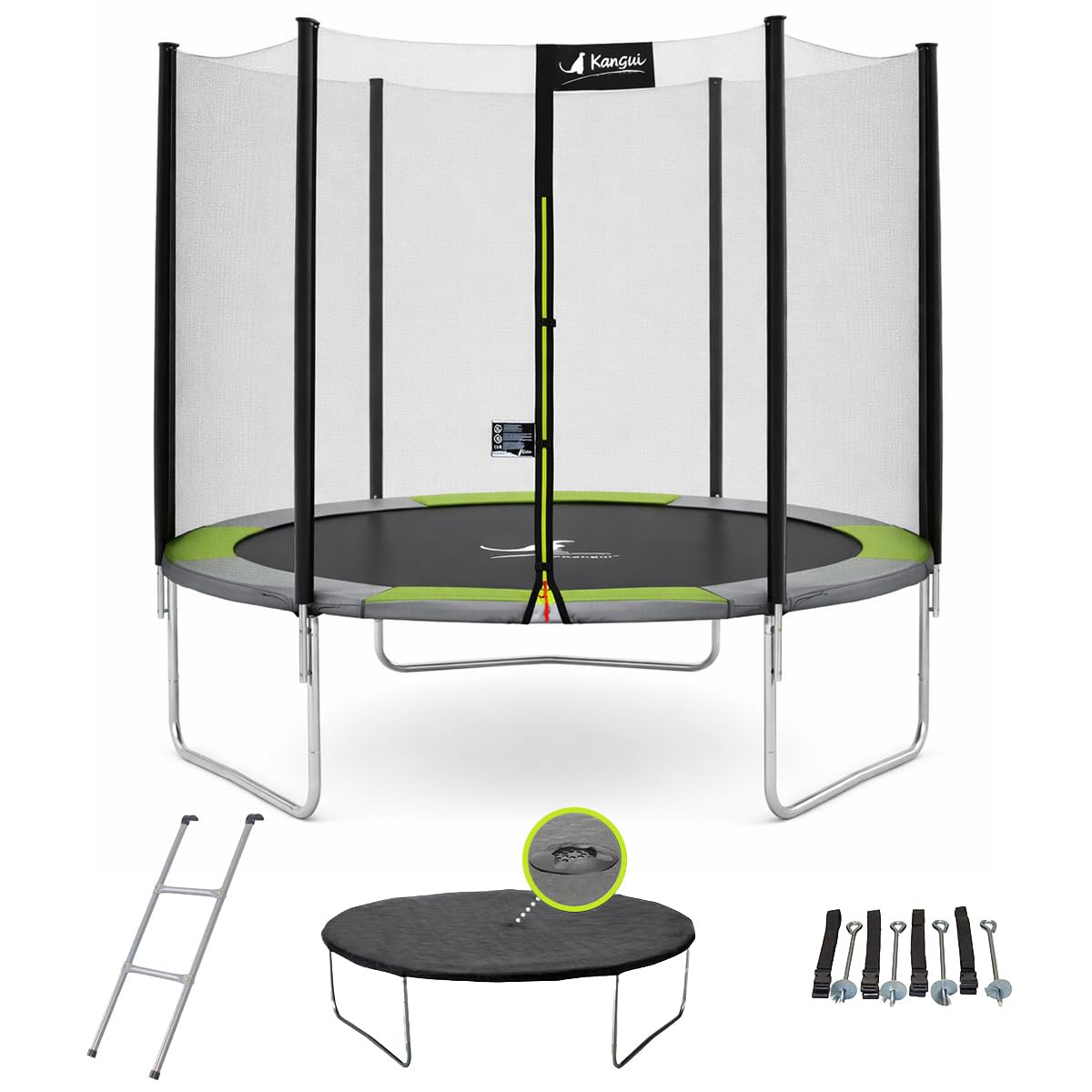 Kangui - Trampoline Rond avec Filet de sécurité, échelle, bâche et kit d'ancrage | Vert | Ø250 - Ø300 - Ø360 - Ø430cm | RALLI
