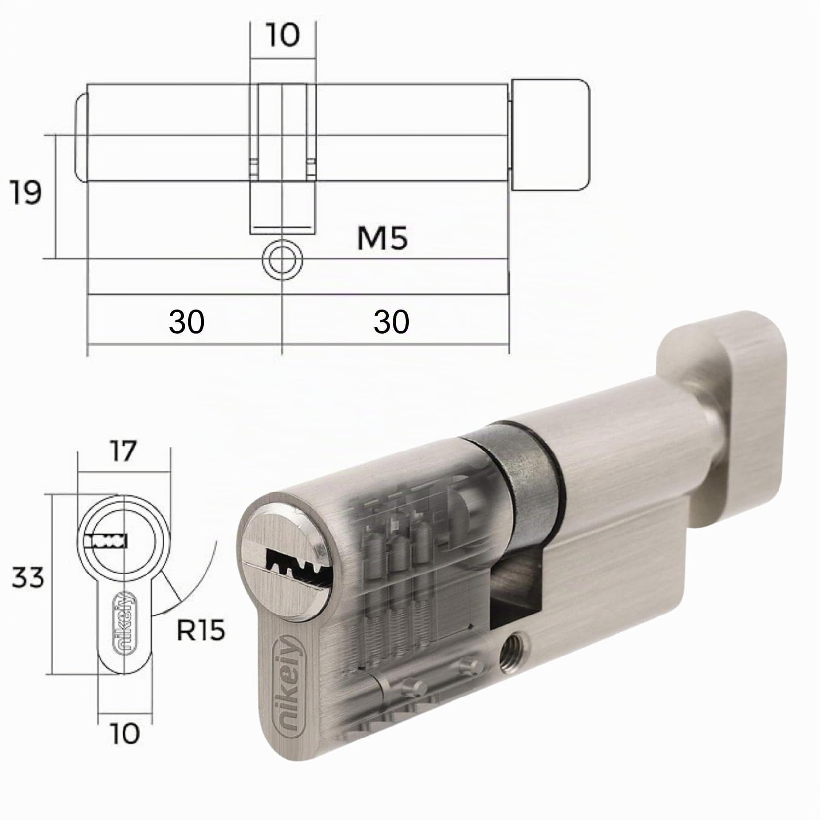 Lot de 4 cylindres pour serrures en laiton 30/30 mm, cylindre avec bouton, vis et clés incluses, facilement montable, serrure pour portes et garages, clé unique, longueur 60 mm