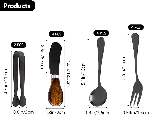 Charcuterie Accessories (14 Pcs), Cheese Spreaders for Charcuterie Board, Mini Serving Spoons, Forks and Mini Serving Tongs - Charcuterie Utensils for Butter, Cheese and Pastry Making, Black