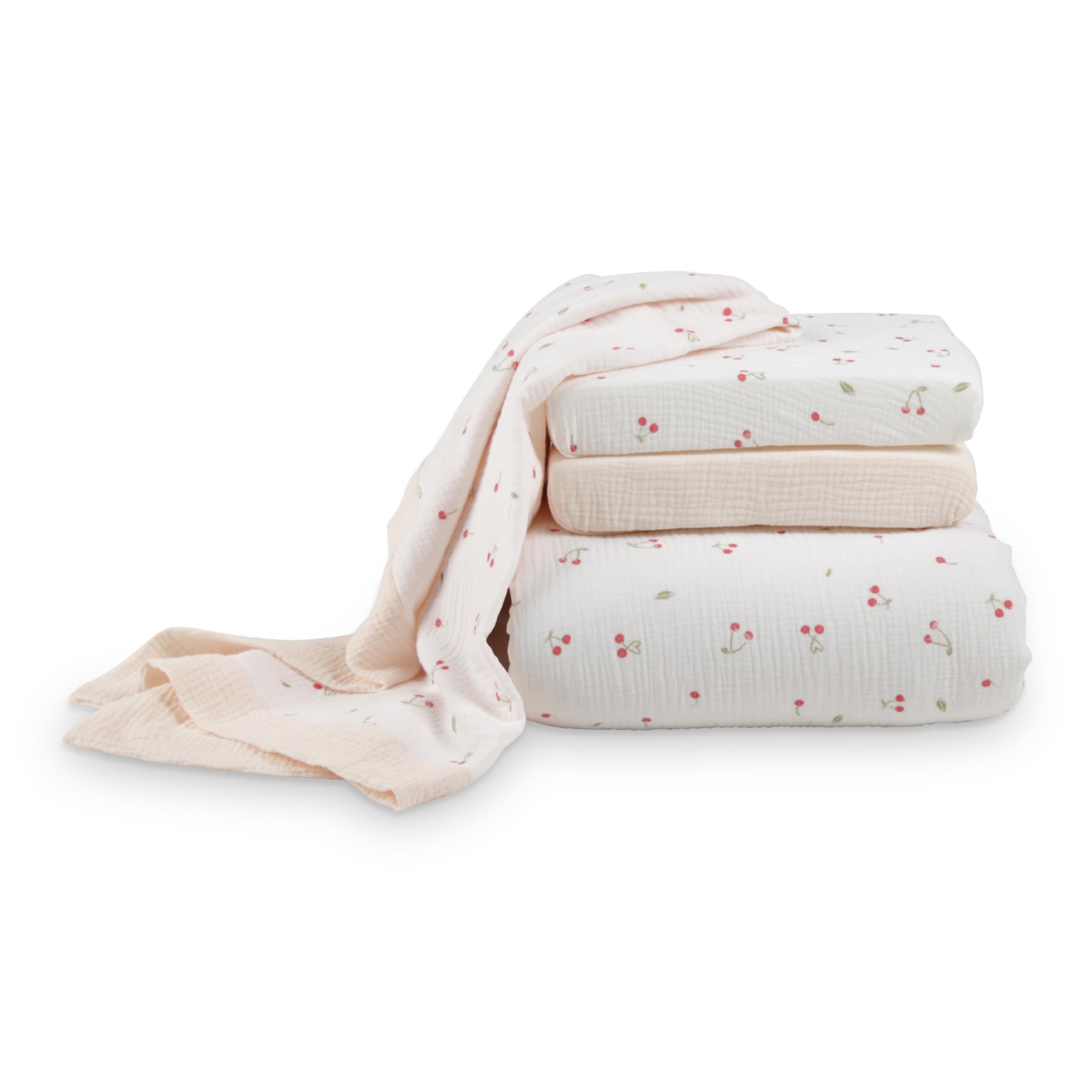 CuddleCo Set copripiumino per lettino, 4 pezzi, in ciliegio ditsy – include copripiumino, coperta e 2 lenzuola con angoli, biancheria da letto accogliente per bambini