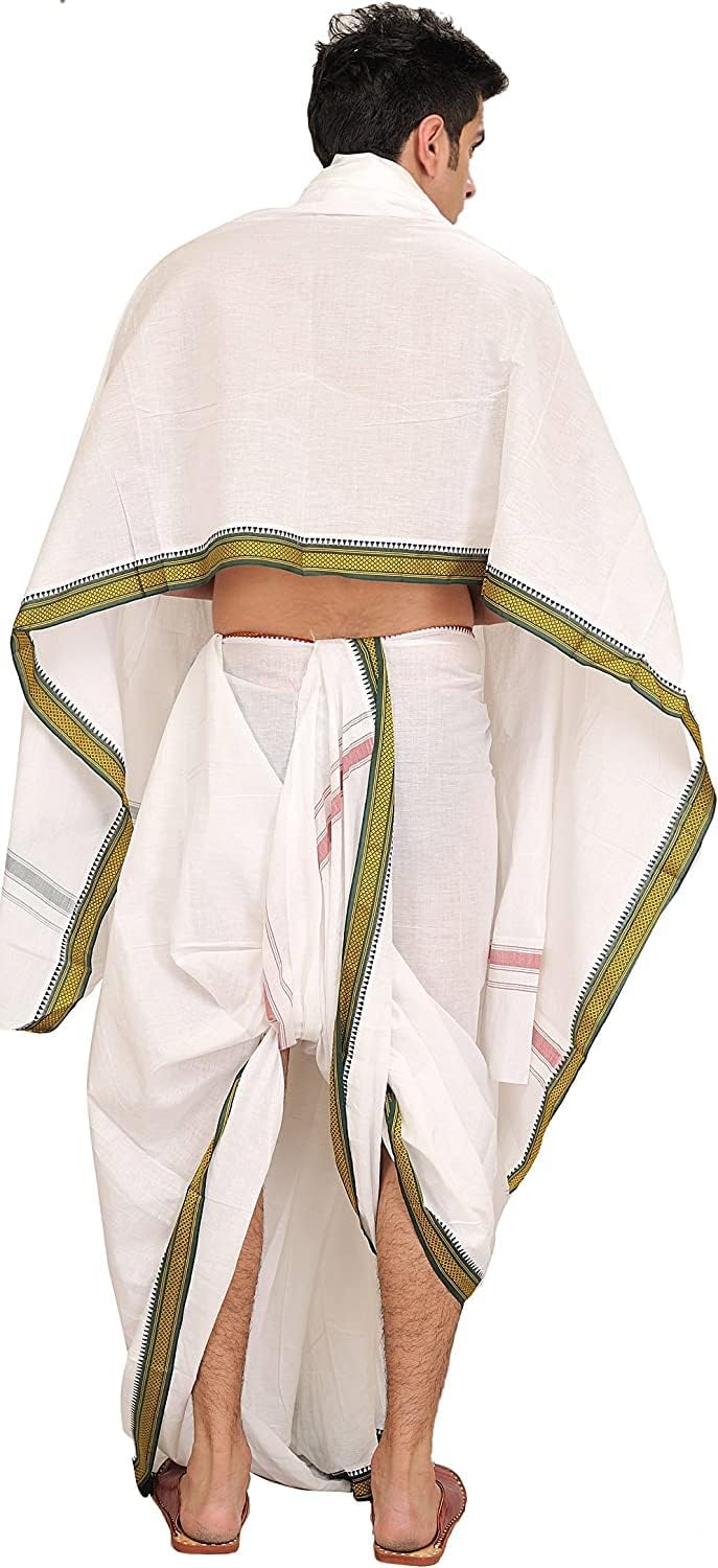 Kolakeer™ Men's 9x5 Panjakejam Dhoti with Angavastram - 3.3 Mtrs Dhoti with 1.5 Mtrs Angavastram