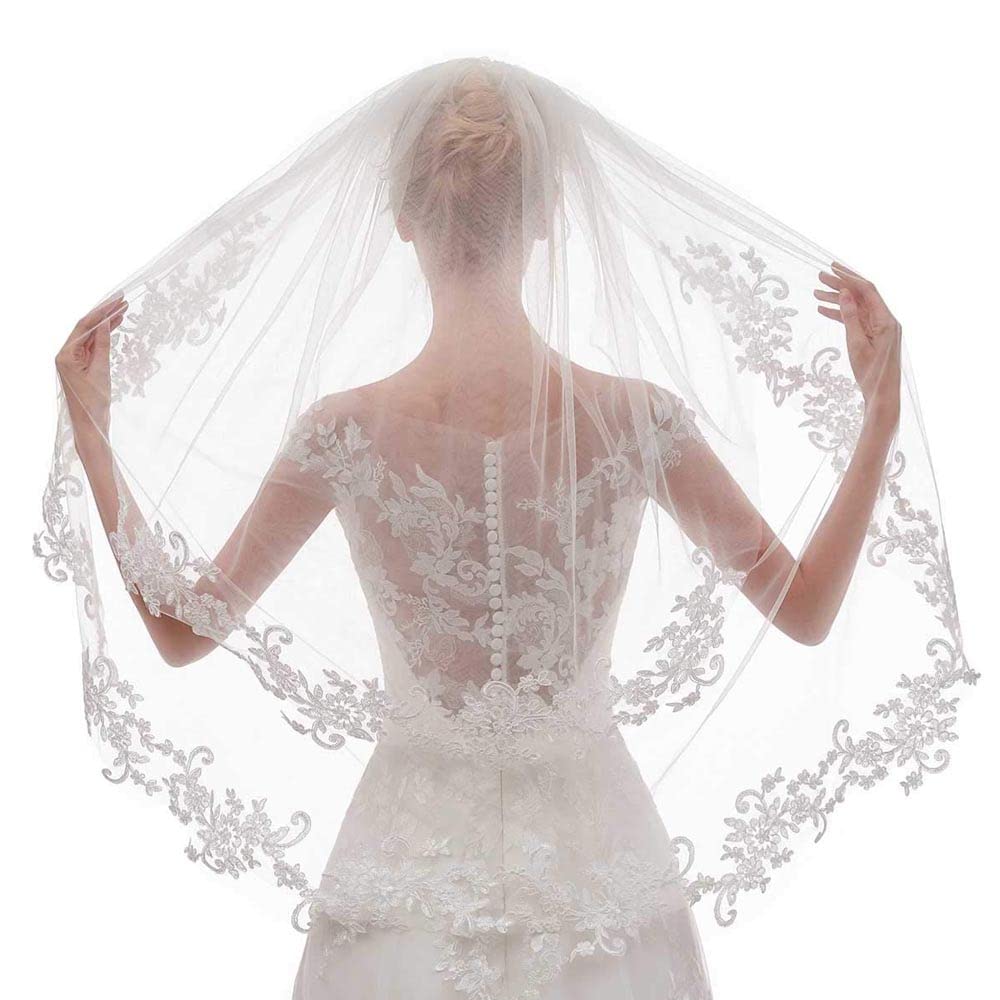 Velo da Sposa Corto Romantico da Donna a 2 Strati in Pizzo con Pettine, Lunghezza Fino alla Punta delle Dita, per Accessori da Sposa