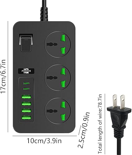 Miniatura 2 de Regleta protectora de sobretensiones de 3 tomas, regleta de alimentación de 3000 W, protector de sobretensiones de 78.7 pulgadas, enchufe de