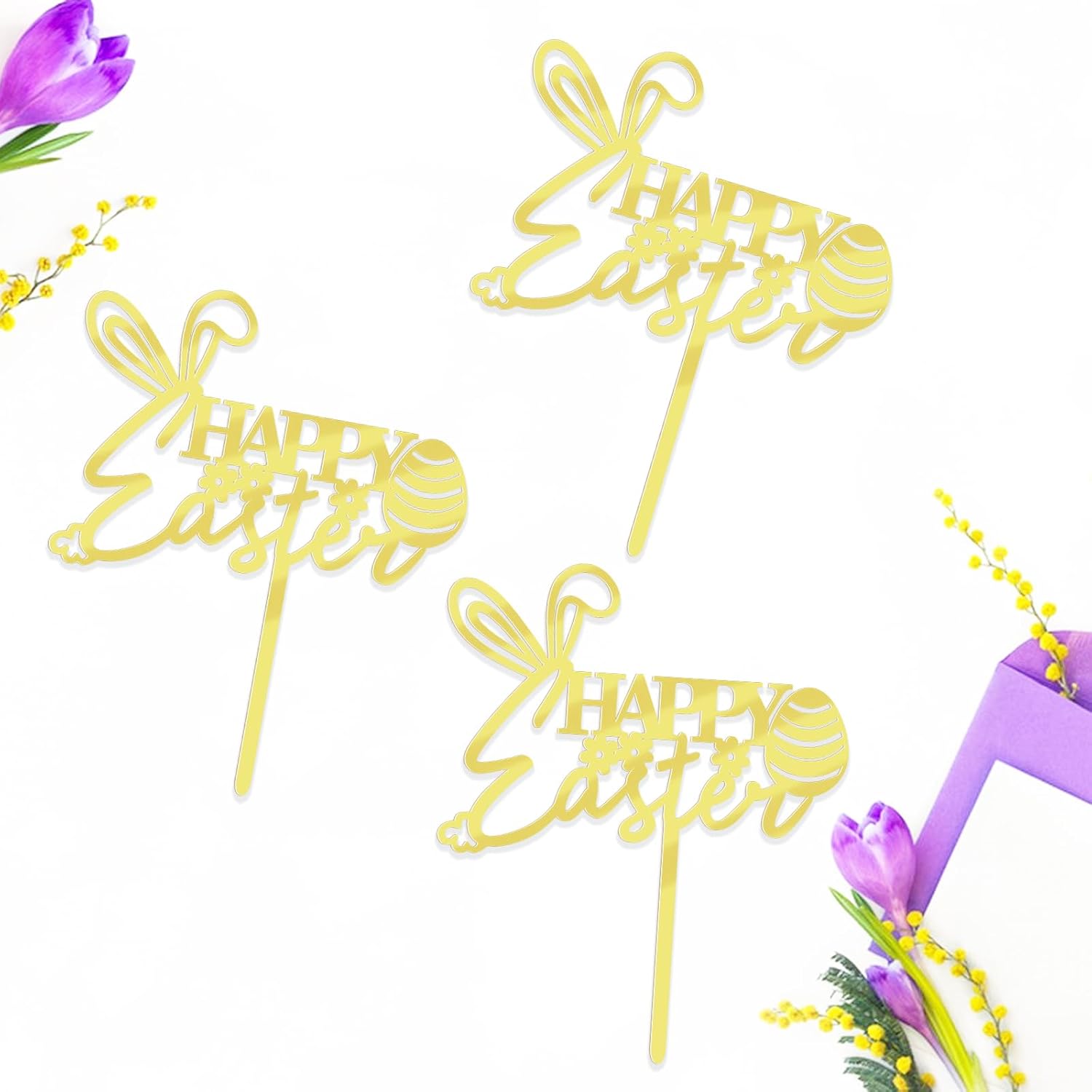 12pcs Acrylic Gold Happy Easter Cake Topper, Easter Cake Decorations, Bunny Easter Egg Cake Decor, Spring Easter Holiday Party Decorations (Acrylic Gold)