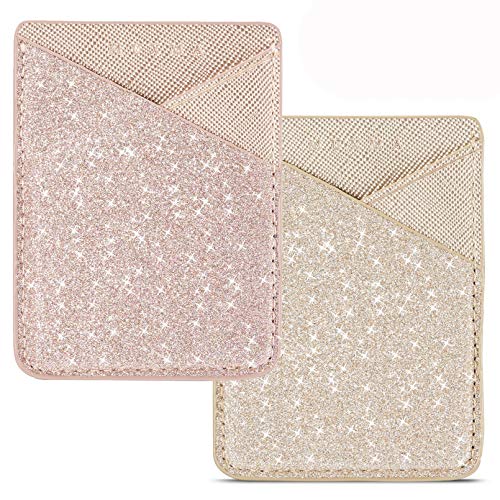 Phone Card Holder Cell Phone Stick On Phone Glitter PU Leather Sleeve Credit for iPhone Samsung Most Smartphones (Rose/Gold)
