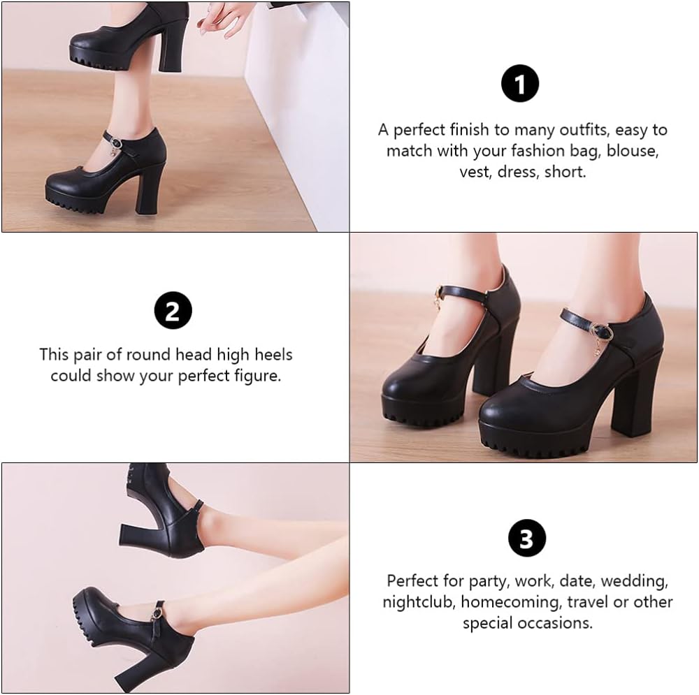 Happyyami 1 Pair Pumps Platform Shoes Girl High- Heeled Shoes Women Ankle Strap Heels High Heels Aline Dress for Women Non-Skid Heels Fashionable Woman Inside: Leather Creeper Black