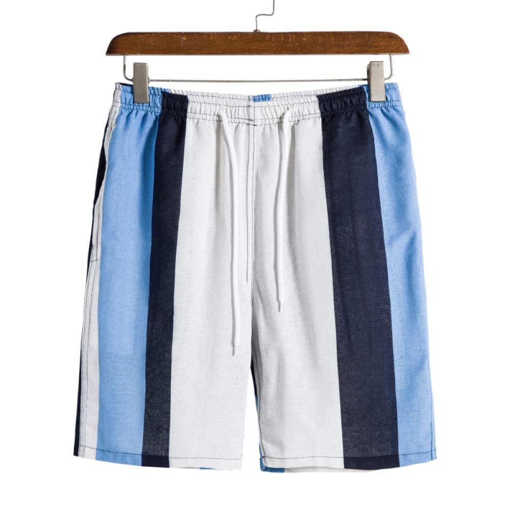 Camisa Hawaiana Hombre, Camisa Hawaiana para Hombre Y Pantalones Cortos De Playa Hawaianos Conjunto De Rayas De Lino De Algodón Azul Trajes De Hawaii Camisa De Playa De Manga Corta Casual Y Pantalo