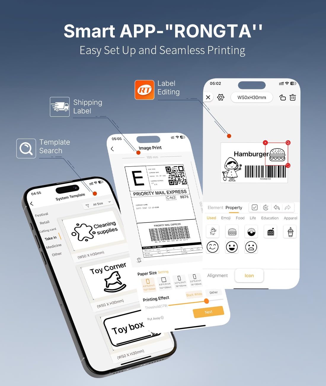 Rongta Imprimante d'étiquettes d'expédition thermique Bluetooth : étiqueteuse sans fil 4 x 6 pour petites entreprises – Compatible avec Windows, Mac, iPhone et Android, largement utilisée pour les