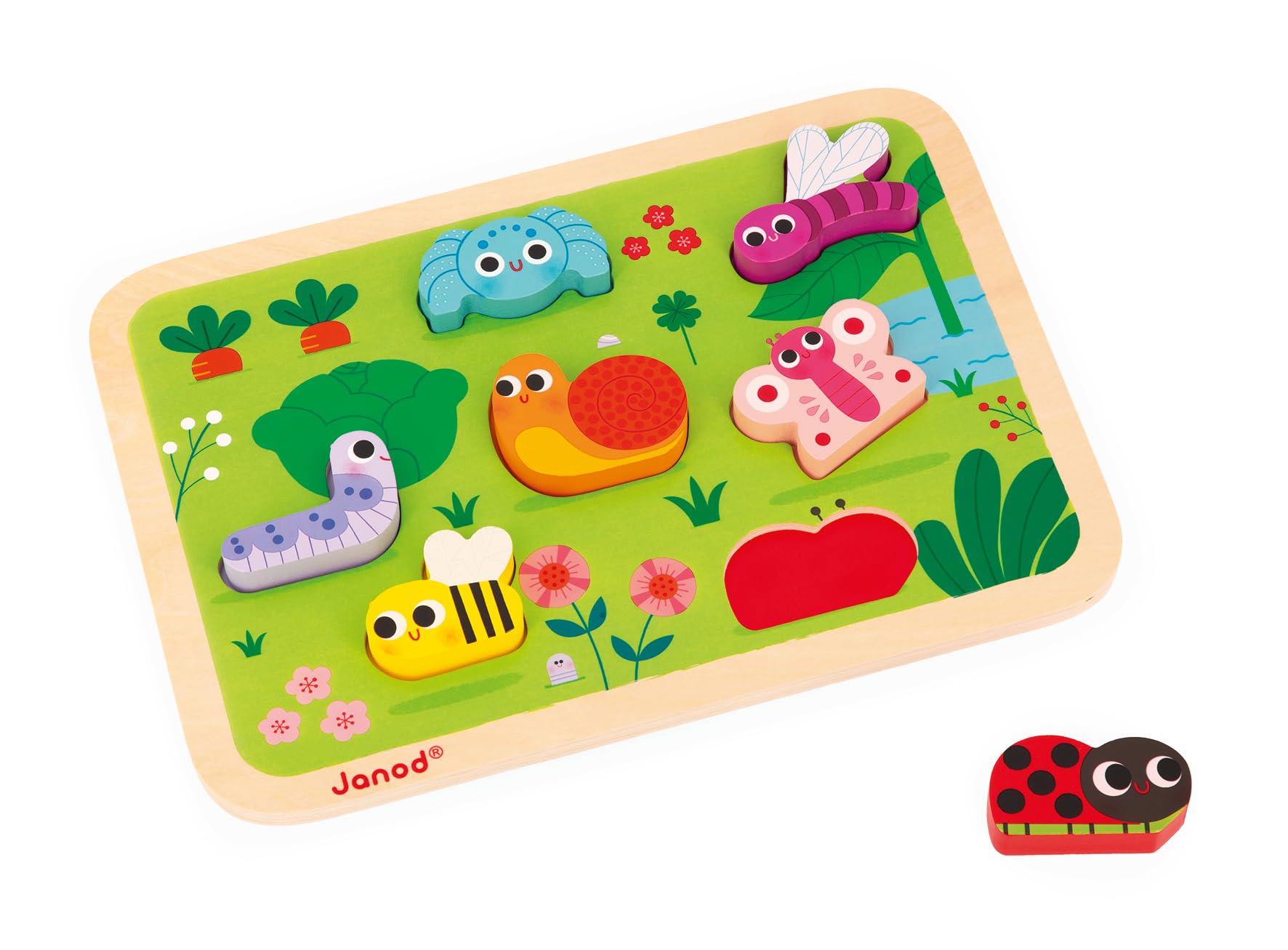 Janod - “The Garden” Chunky Puzzle - FSC Wood - 7 Pieces - Develops Fine Motor Skills, Concentration and Imagination - 18 Months +, J07120