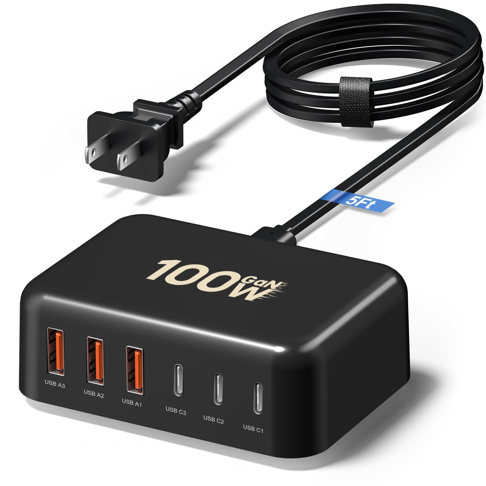 USB C Charger Block, Bangfun 100W 6 Port USB C Charging Station Hub Multi Type C Fast Charging Block with 3 USB A & 3 USB C Power Strip Adapter for iPhone 15 14 13 12 11 Pro Max iPad Samsung-Black