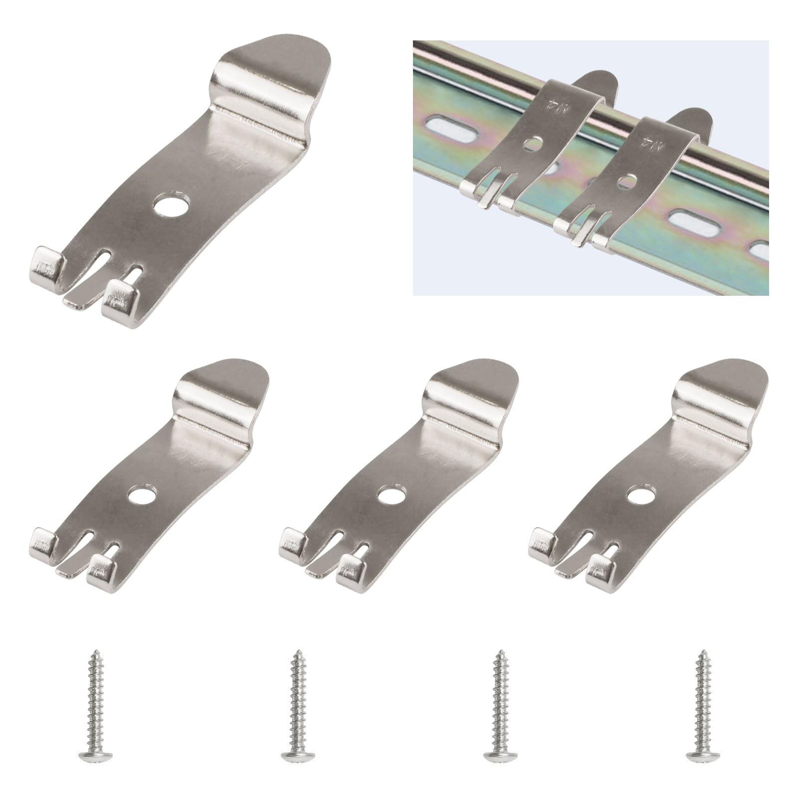 UFURMATE Din Rail Mount Clip, 4Pcs 35mm Width Din Rail Fixed Clamps Manganese Steel Solid State Relay Clips with Mounting Screws (Nickel)