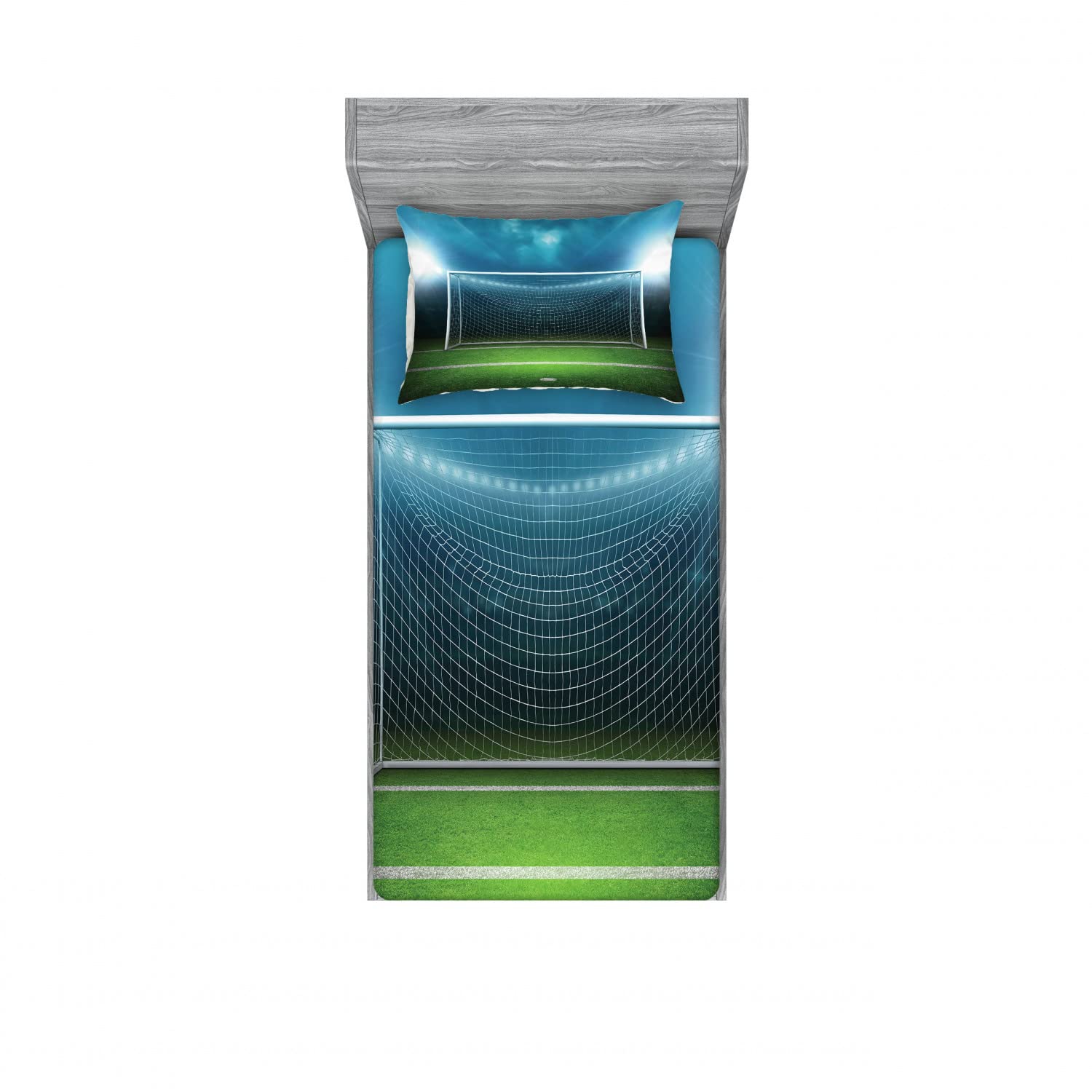 Ambesonne Sports 2 Pack Fitted Sheet & Pillow Sham Set, Soccer Football Game, 4 Pcs Bedding Decor, Package Contains 2 Twin Size Fitted Sheets & 2 Pillow Covers, Aqua Green