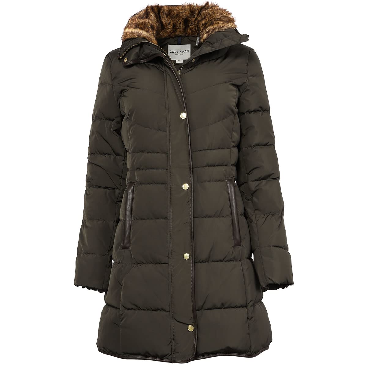 cole haan Women's Taffeta Down Coat with Faux Fur Collar, Forest, Small-picture-22