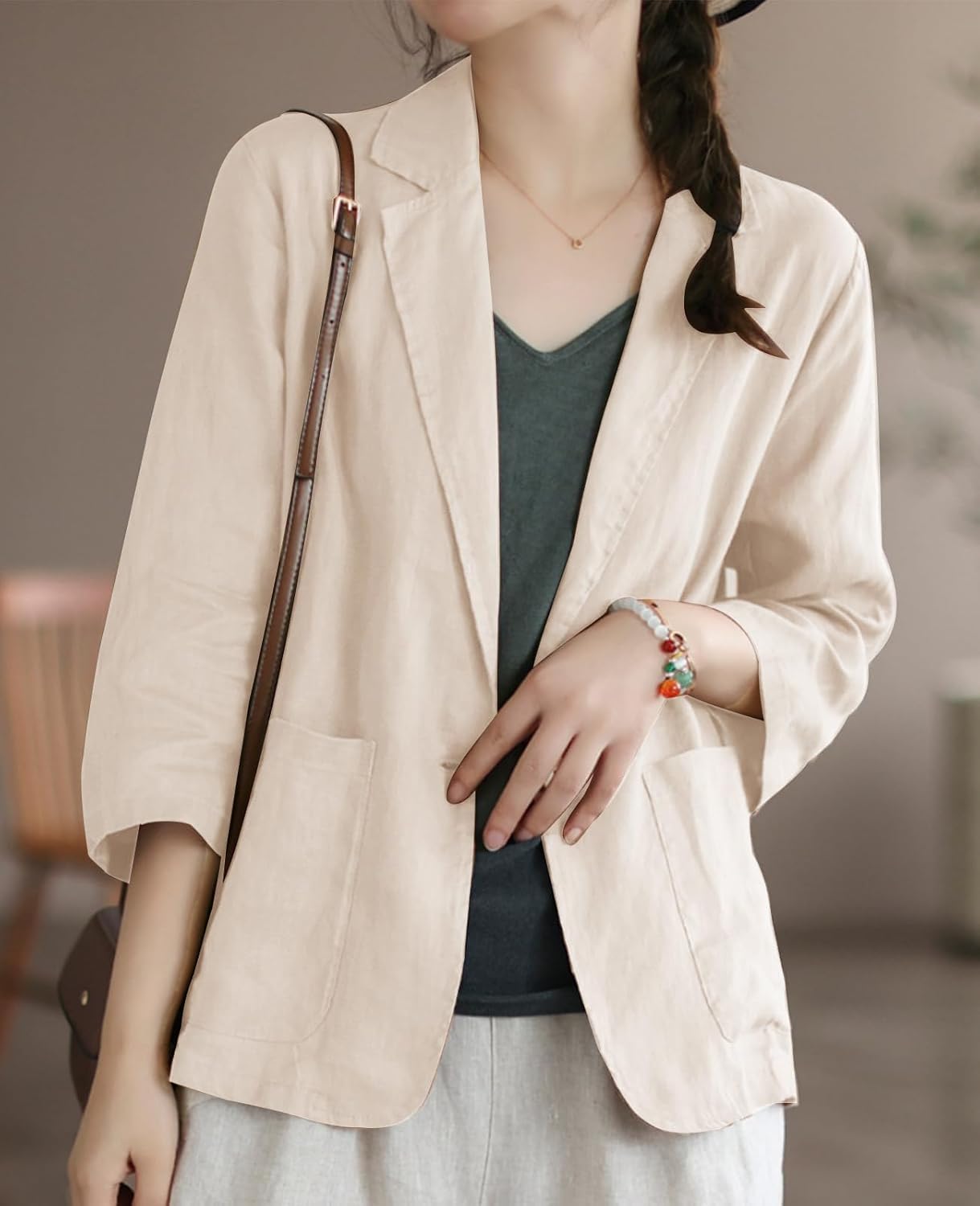 MINTLIMIT Womens Linen Blazer Summer 3/4 Sleeve Notch Lapel Work Office Suit Casual Button Blazers Jackets with Pockets