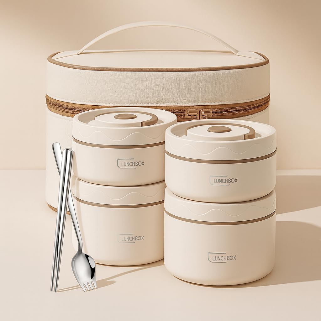 YELONA 1940 ML Stainless Steel 2 Layer Bento Lunch/Tiffin Box with Bag, Thermal Portable Foam Insulated Food Container Set,Stackable Reusable for Student, Office, College, Picnic - (Cream)