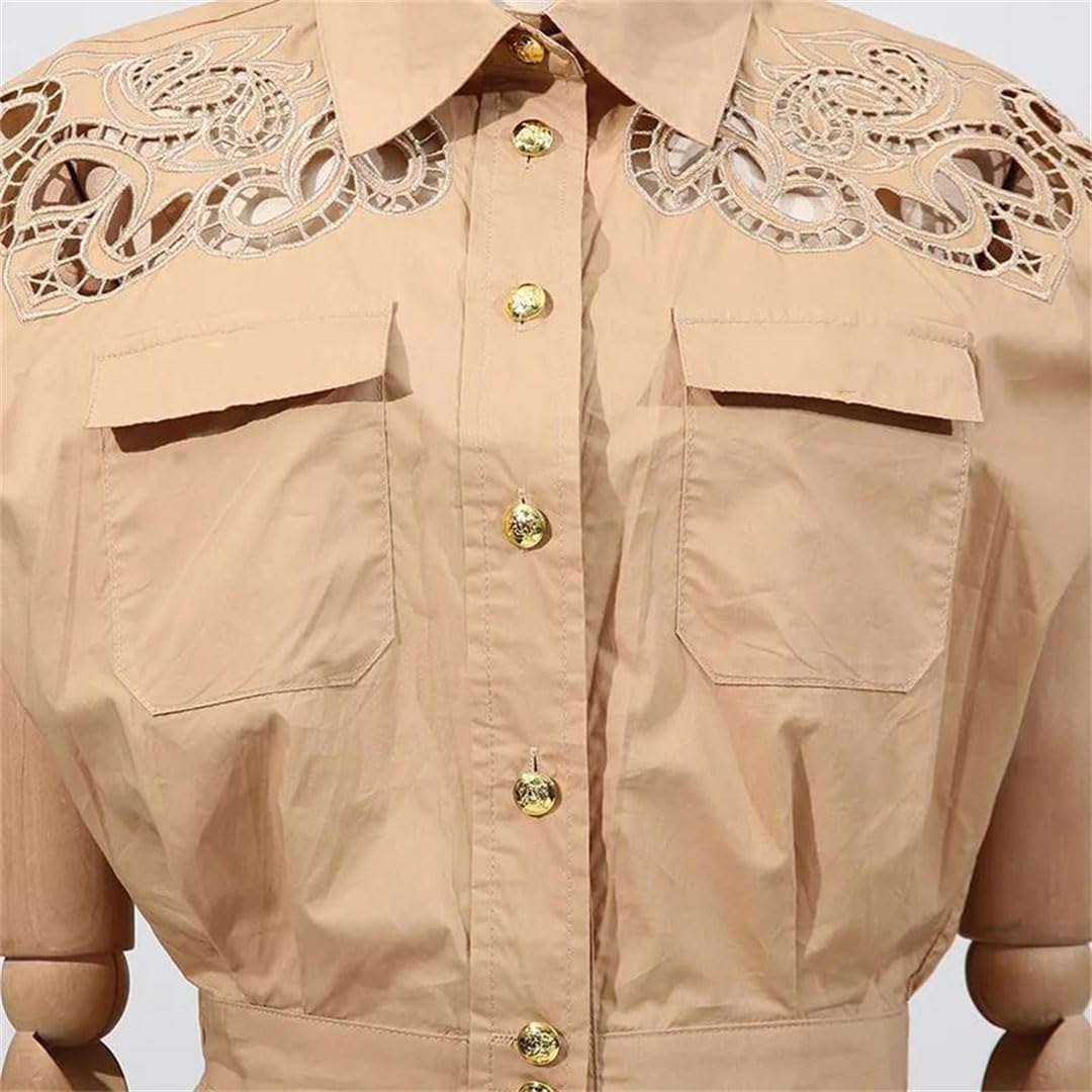 Women's Solid Hollow Out Lapel Short Sleeve Spliced Button Tops High Waist Long Skirt Two Piece Set