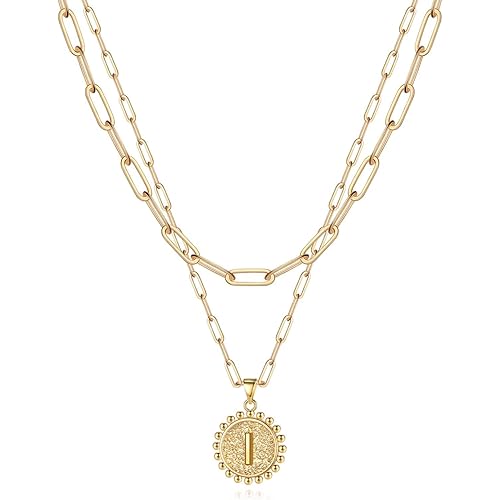 Yoosteel Gold Initial Necklaces for Women Girls, 14K Gold Plated Dainty Layering Paperclip Link Chain Necklace Personalized Coin Initial Layered Gold Necklaces for Women