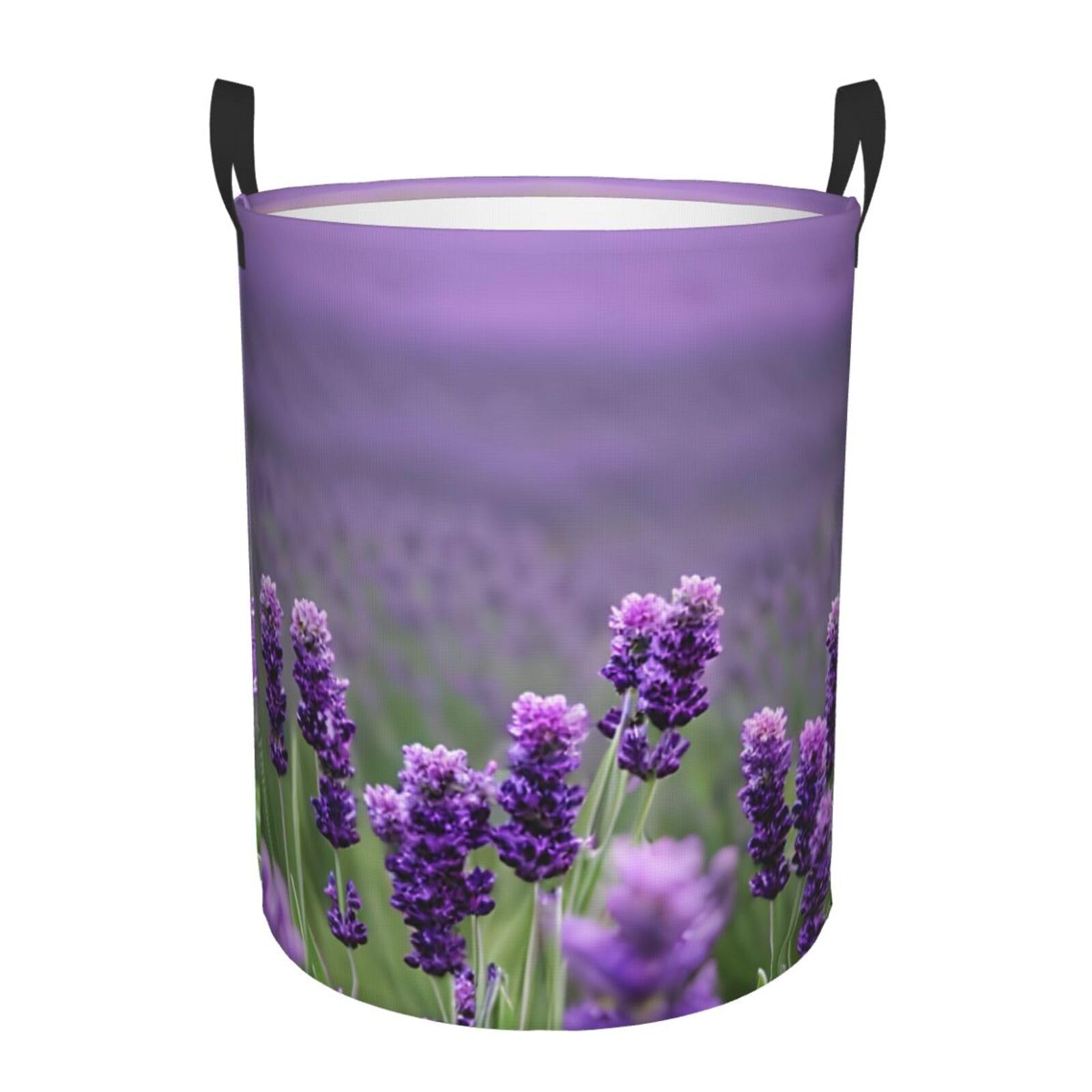 M Collapsible Laundry Hamper Round Purple Lavender Colored Flowers Print Storage