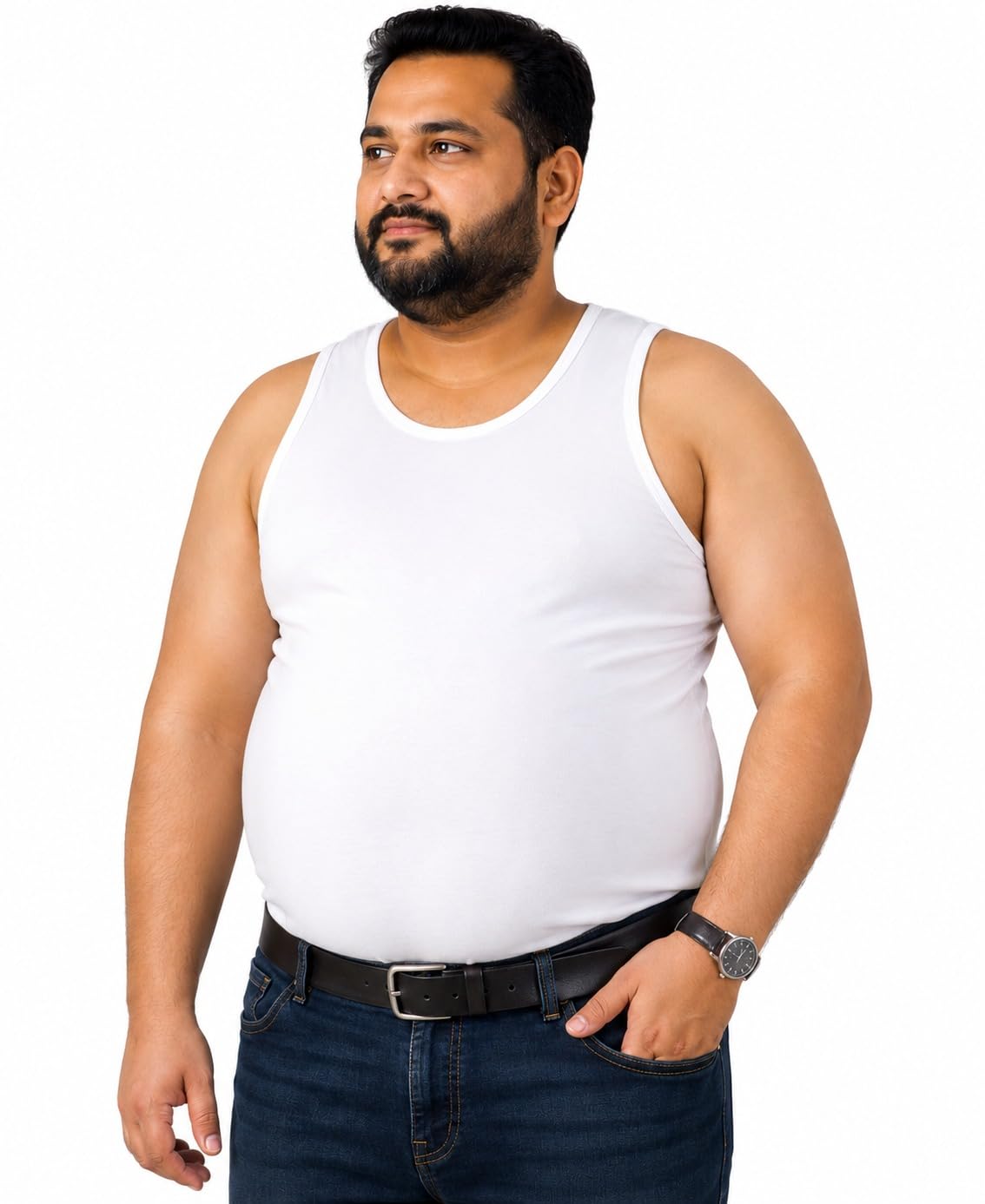 Men's Cotton Modal Blend Undershirt Vest for Big Belly | Size: 5 XL | Innerwear | Sleeveless Banyan Vest Ganji Sando | Chest Waist Hip | 3-Point Fit | Plus Size Fit | for Big Men White-picture-27