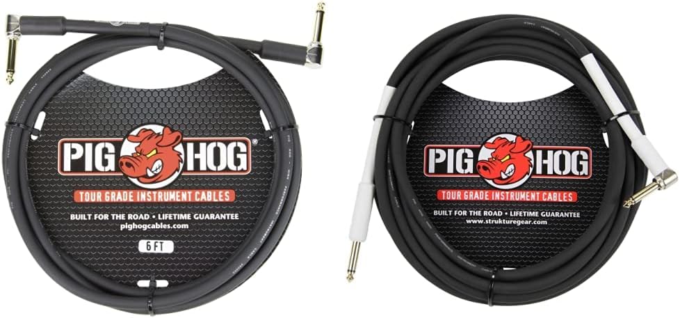 Pig Hog 6ft & 10ft High Performance 8mm Right-Angle 1/4" Guitar Instrument Cables