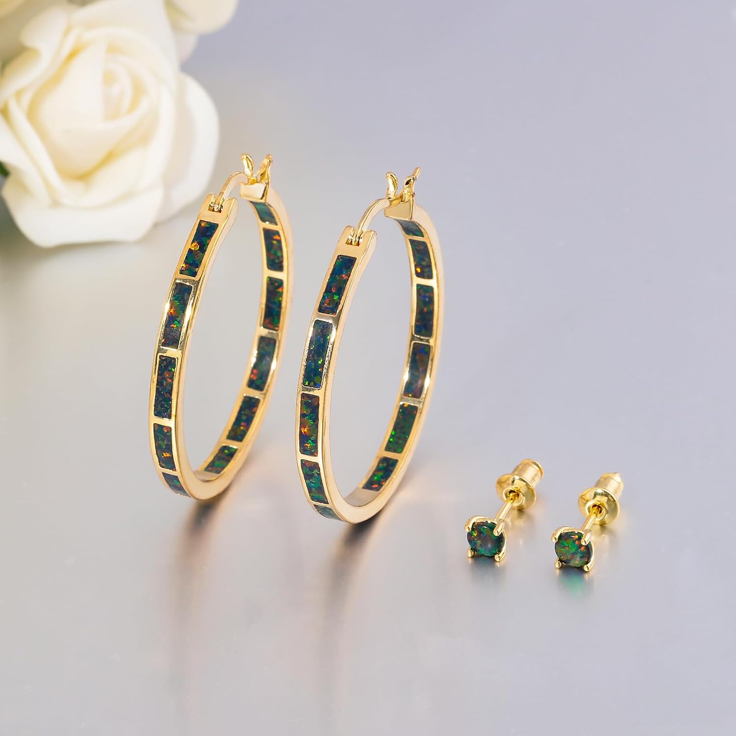 CiNily Opal Hoop Earrings,Women Jewelry Rhodium Plated/Rose Gold or Yellow Gold Plated Gemstone Big Hoop Earrings 32mm