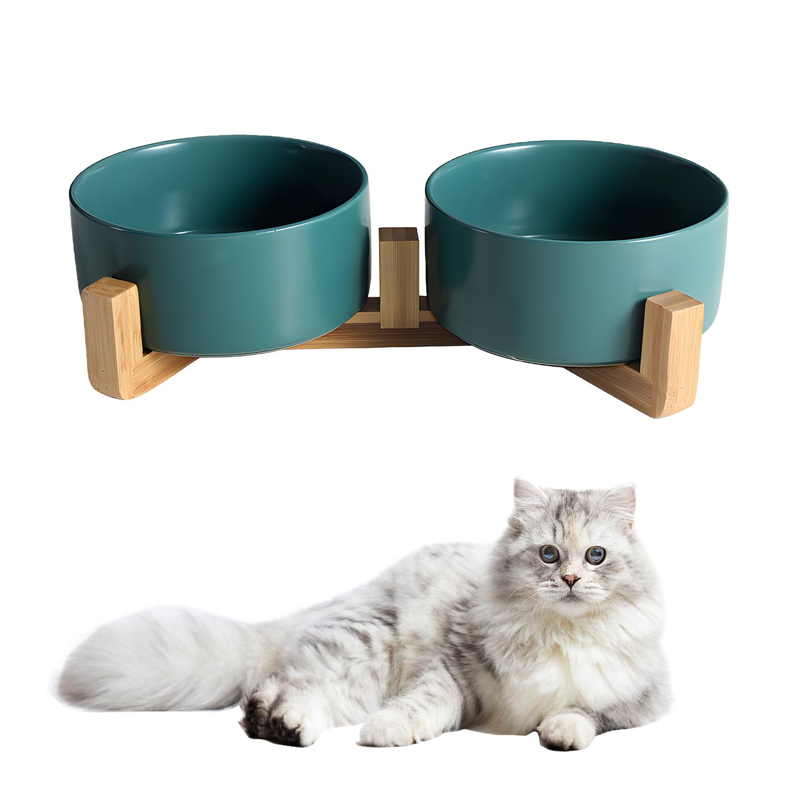 Double Ceramic Cat Bowls 400ML Raised Cat Feeder Bowl Small Pets Stylish Feeding Bowls with Wooden Stand, for Cats and Small Pets Eating Food & Drinking Water Anti Vomit (Green)