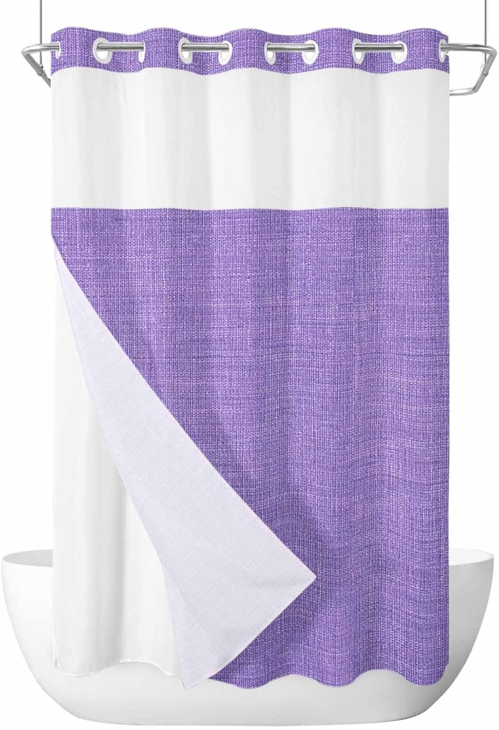 No Hook Shower Curtain and Snap in Liner Set, Vintage Purple Fabric Bathroom Stall Shower Curtains 36x72 Inch, See Through Mesh Top Window, Farmhouse Retro Beige Solid Color Hotel Style, Waterproof