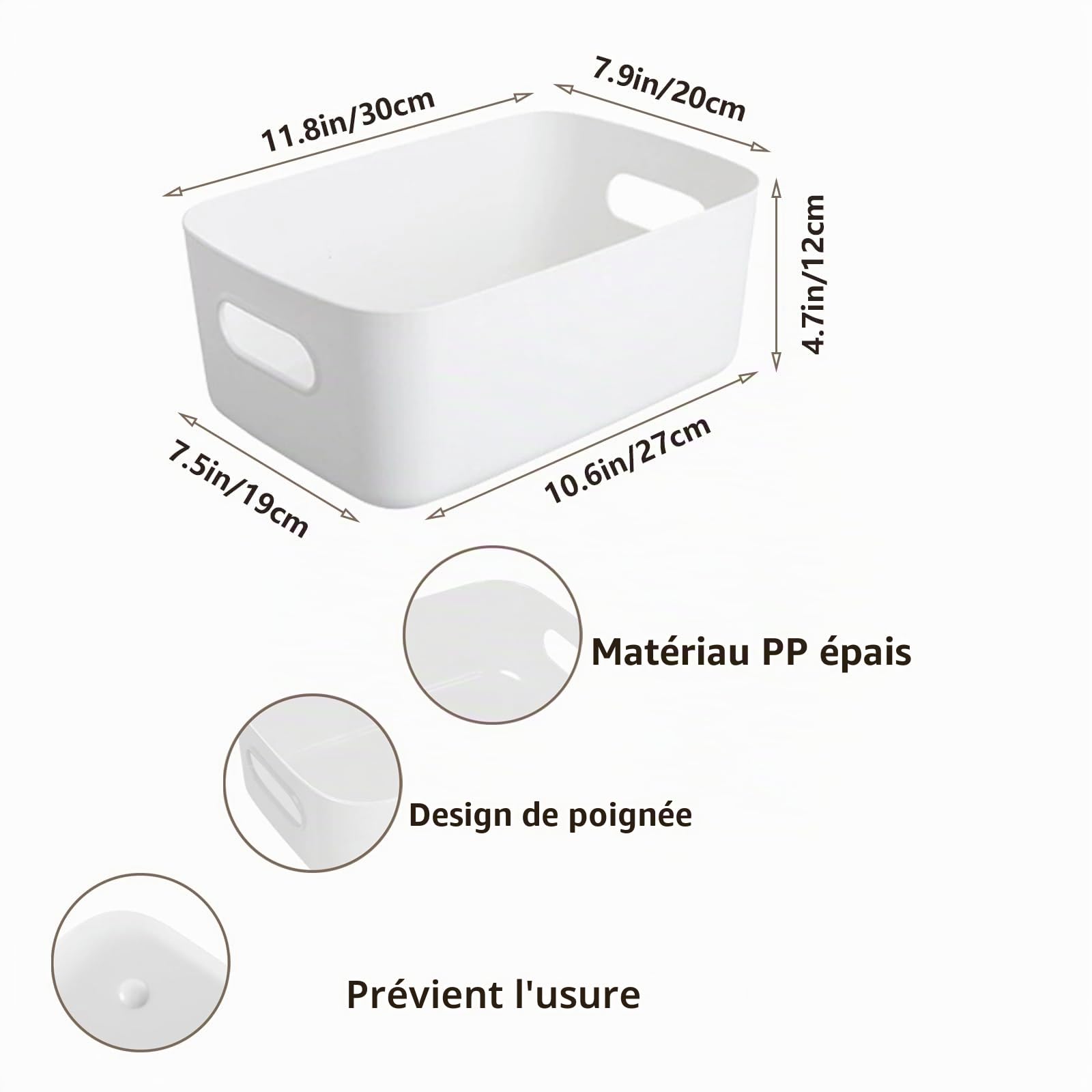 10 Pièces Boîte de Rangement en Plastique avec Poignées, 30x20x12cm, Boîte de Rangement en Plastique, pour Armoire de Cuisine, Salle de Bain, Étagère, Organiseur de Bureau (Blanc)