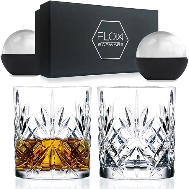 FLOW Barware Classic Bourbon Glasses Set of 2 | Heavy Crystal Whiskey Tumblers