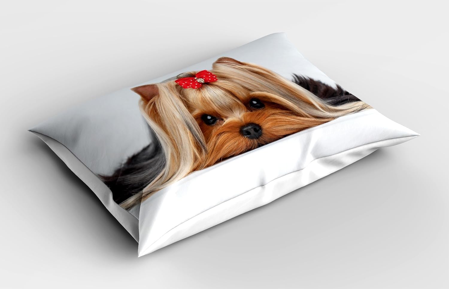 Ambesonne Yorkie Pillow Sham Set of 2, Lying Yorkshire Terrier Ribbon Pet Love Portrait of a Dog, Quality Microfiber Bedding Item for All Seasons, 26" x 20", Caramel Brown