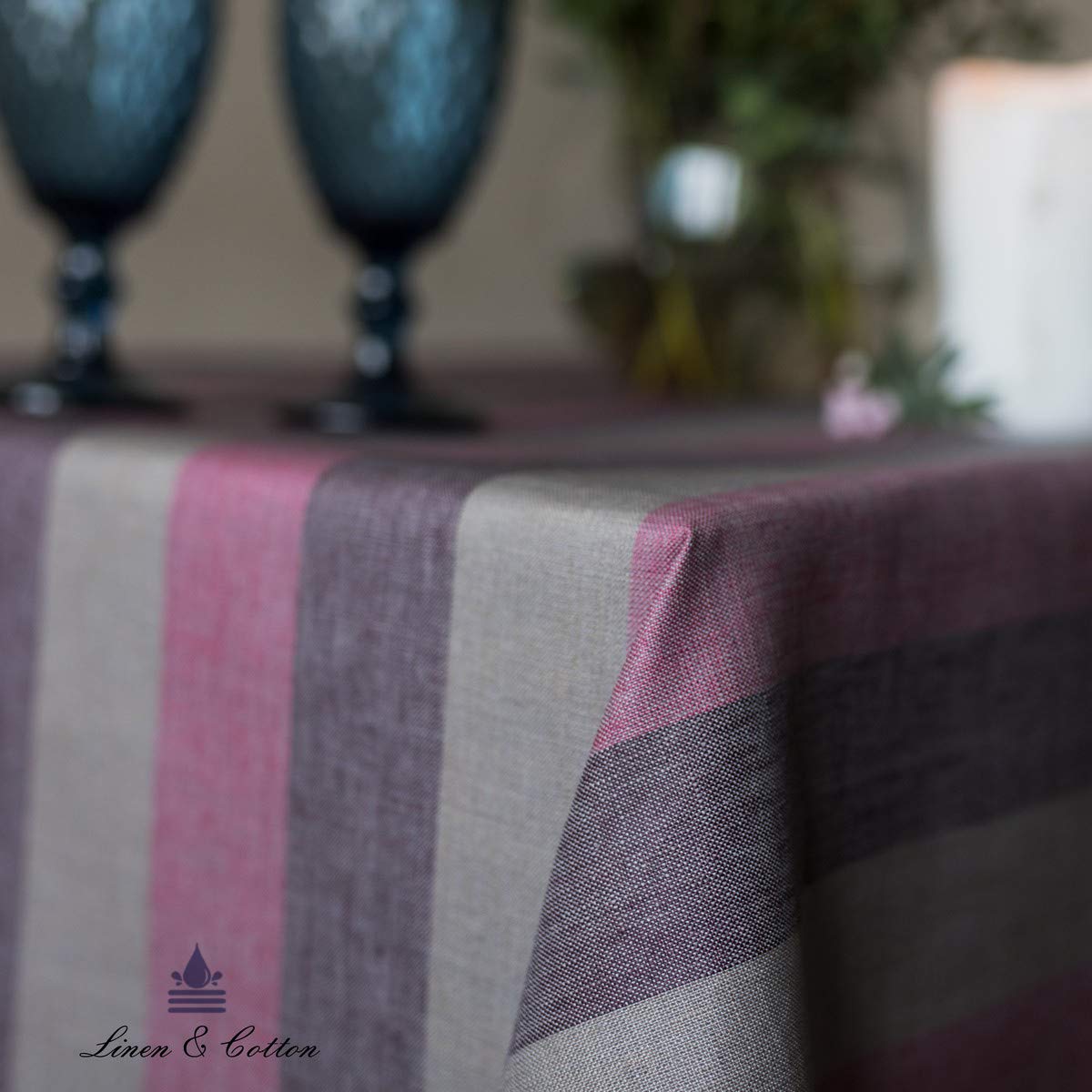 LINEN & COTTON Tovaglia da Tavola Antimacchia Impermeabile in Tela Cerata Silva - 100% Lino, Viola Rosa Grigio (147 x 250 cm) Antiscivolo Tovaglia Rettangolare A Strisce da Esterno Interno Giardino