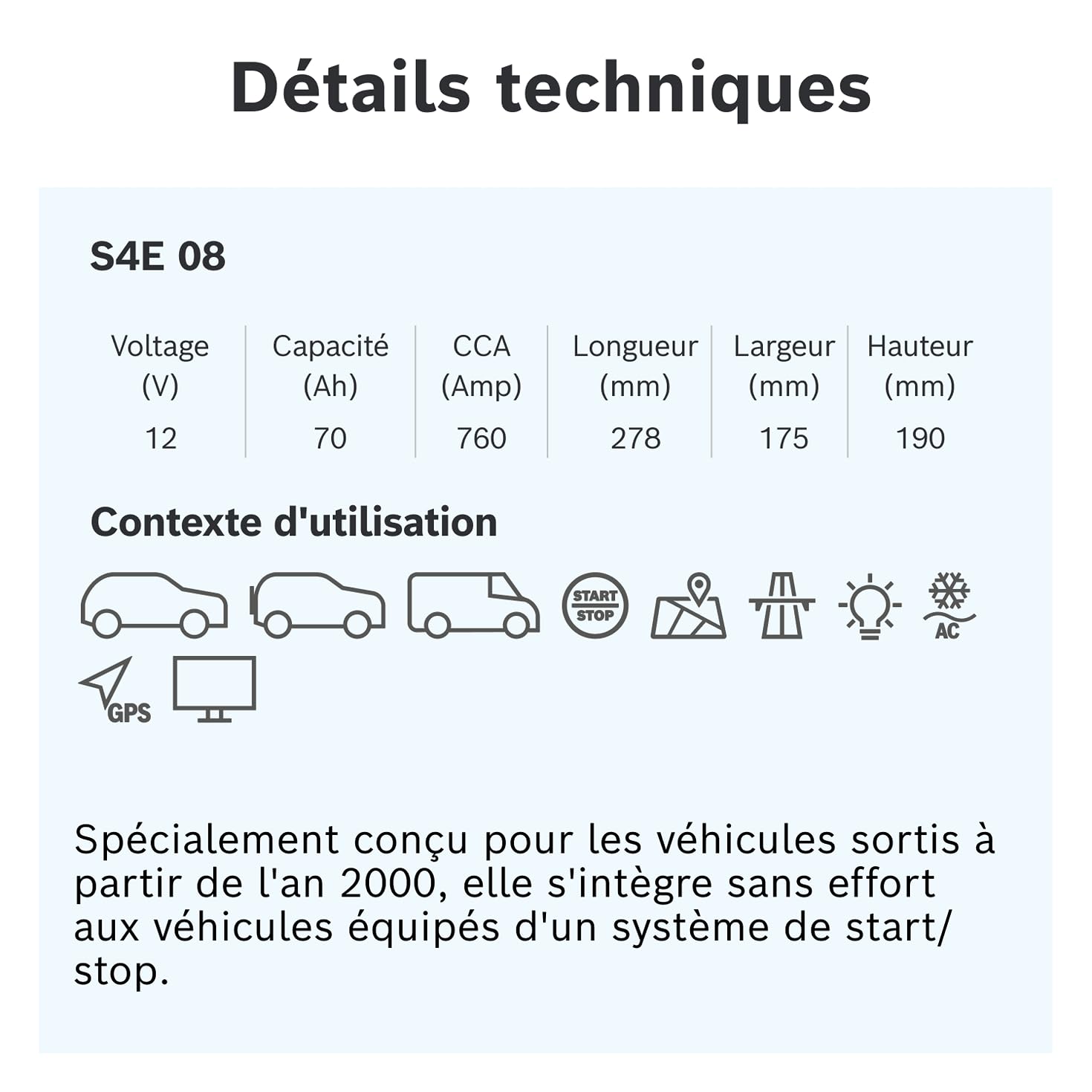 Bosch S4 E08 Batterie Auto 70 A/h - 760 A - Batterie 12 V, EFB Plomb-acide pour Véhicules avec Système Start/Stop, Polarité Gauche (-) Droite (+), 278 x 175 x 190 mm