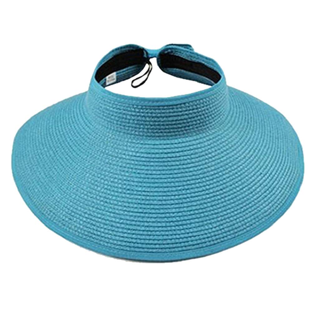 Junhouse Women's Sky Blue Bowtie Wide Brim Straw Sun Visor Hat Foldable Roll Up Summer Topless Sunhats For