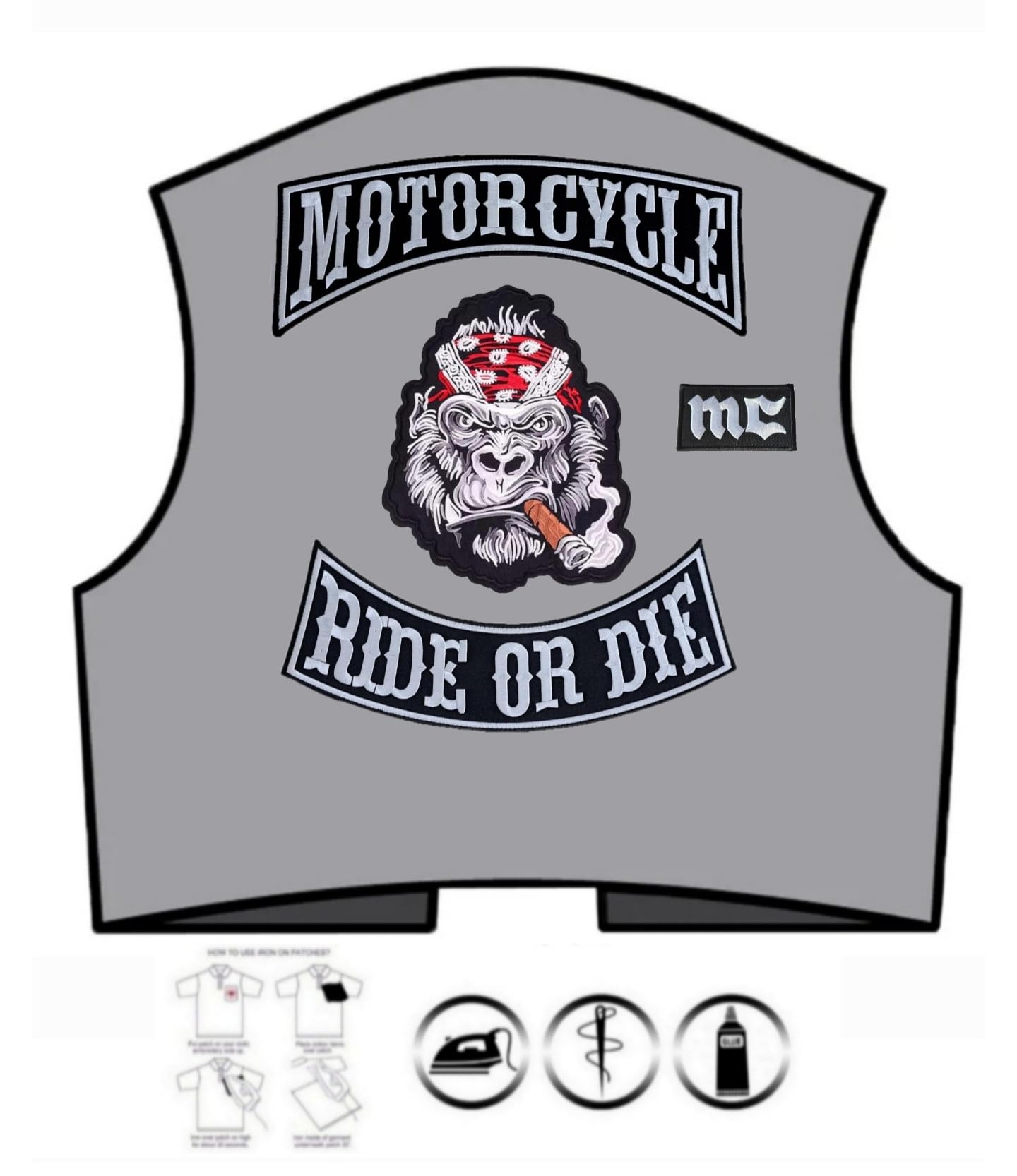 Set 4 Toppe Patch ricamate da applicare con ferro o cucitura: " BIG SET PATCH" | Patch biker annodabile/applicabile con ferro | Sticker per motociclisti | Fai da te