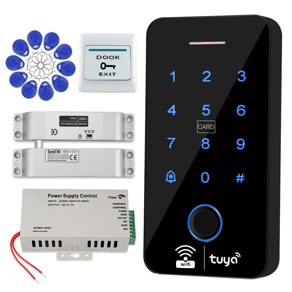 WiFi Tuya Access Control System kit Includes an IP68 Waterproof Fingerprint keypad, NC Mode Metal Electric Latch Door Lock, 10 125KHz RFID Key fobs, 12V 3A Power Supply, and an exit Button.-image-11