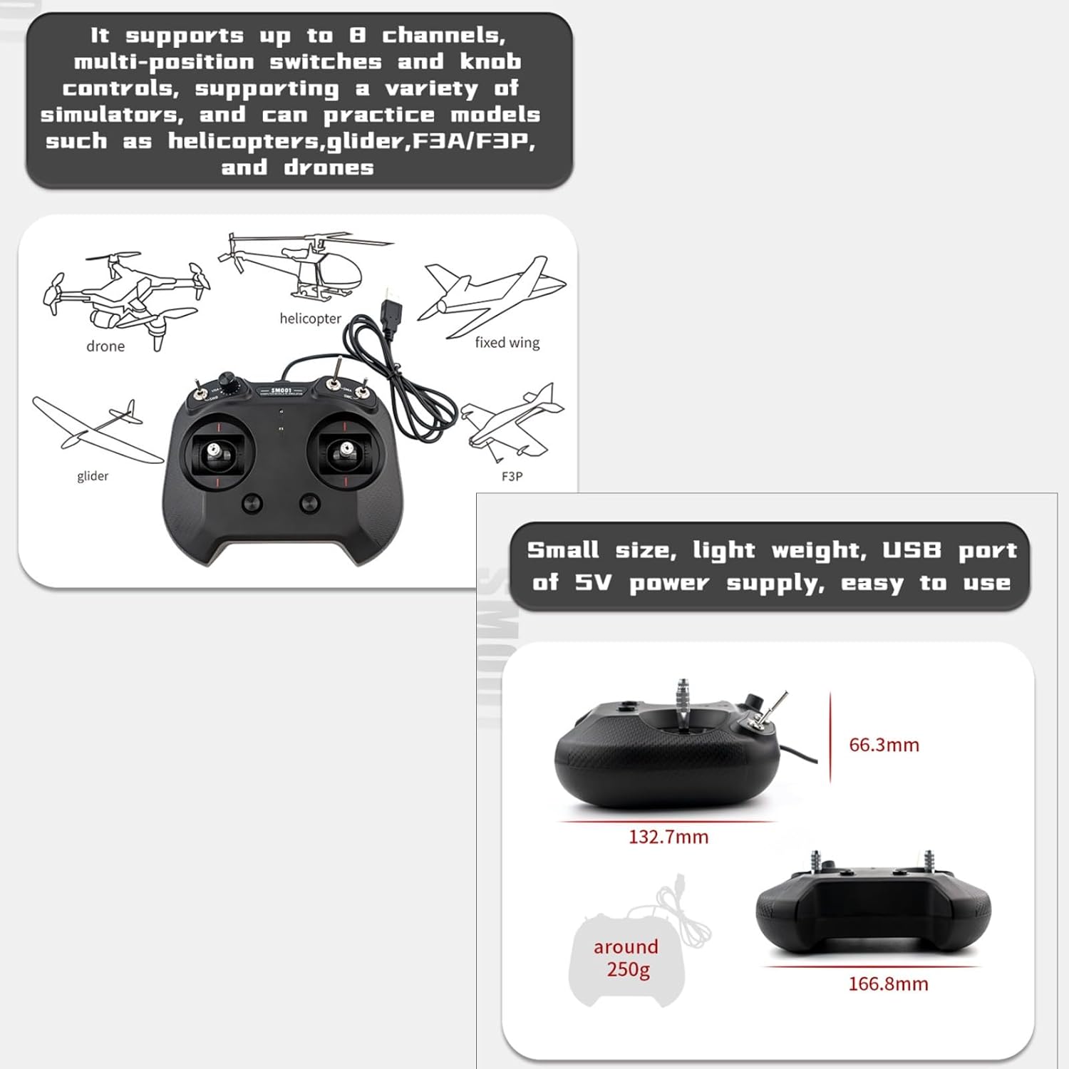 Flysky FS SM001 Flight Simulator Controller 8 CH, Supports a Variety FMS G3/G3.5/G4/G5/G6/G7 5.0 XTR VRC of Flight Simulation Software for RC Helicopters, Fixed Wing Etc (FS SM001-black)