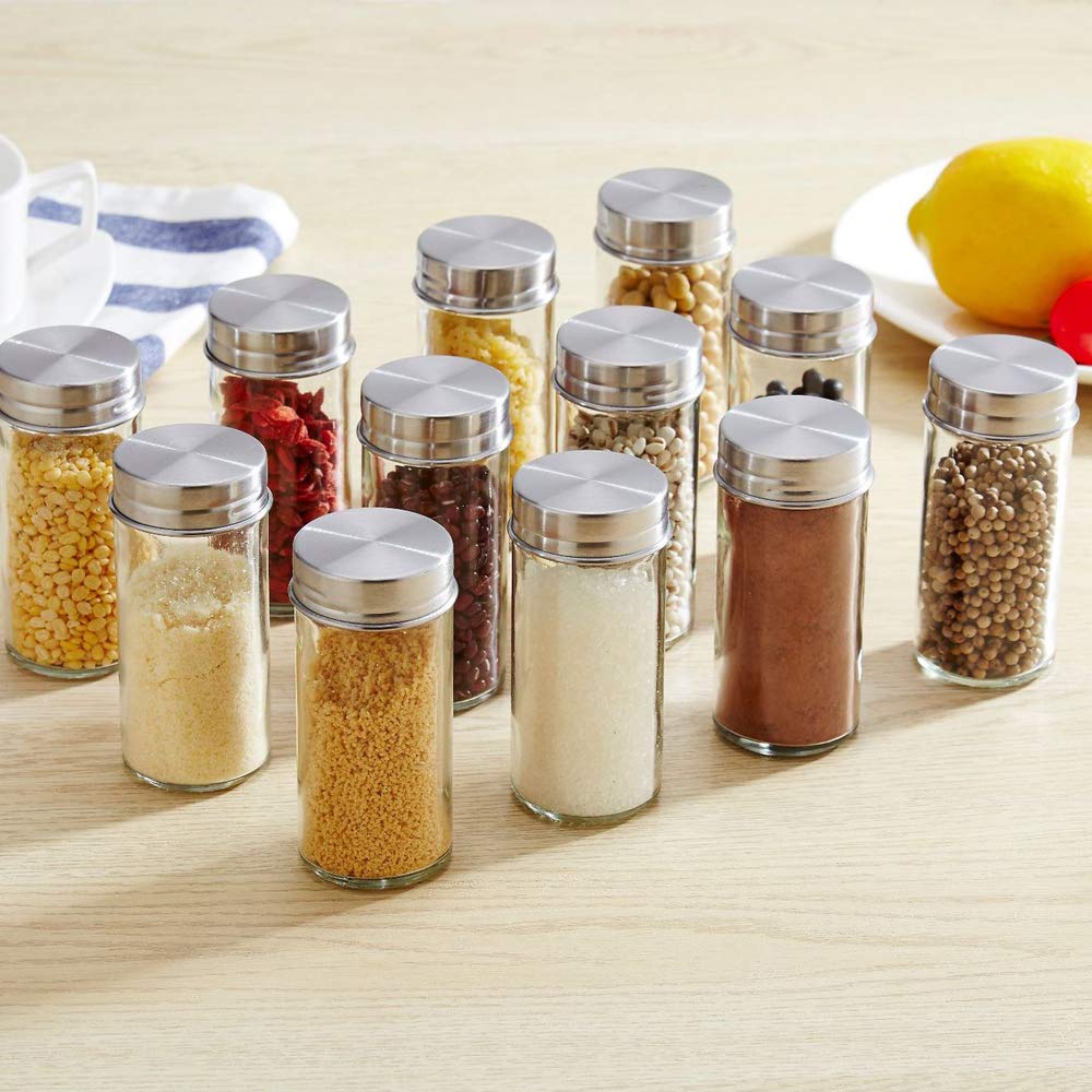 Étagère à épices rotative avec 12 pots, étagère à épices de comptoir avec 12 bouteilles en verre rechargeable pour armoire de cuisine, acier inoxydable, argenté