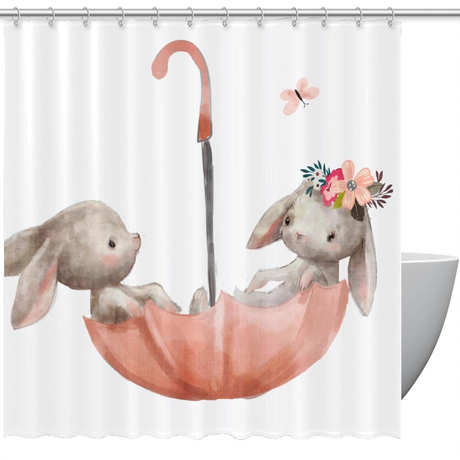 Rideau de douche imperméable avec 12 crochets motif lapin pour baignoire 168 x 183 cm