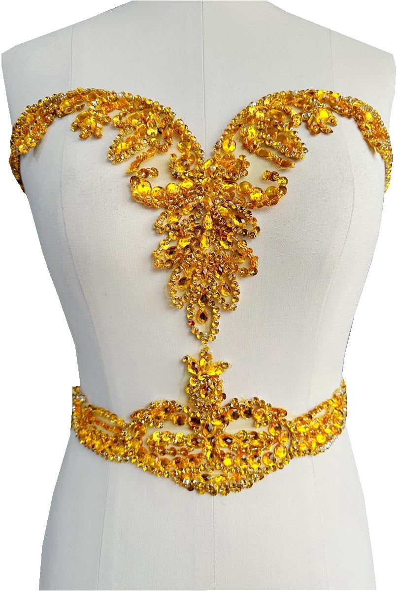 Large Size Pure handsewing Rhinestones Beads Applique for Dress Clothing Neckline and Waist Trim sew on Shining Crystal Sequins lace Patches one Set/Bag (Gold)