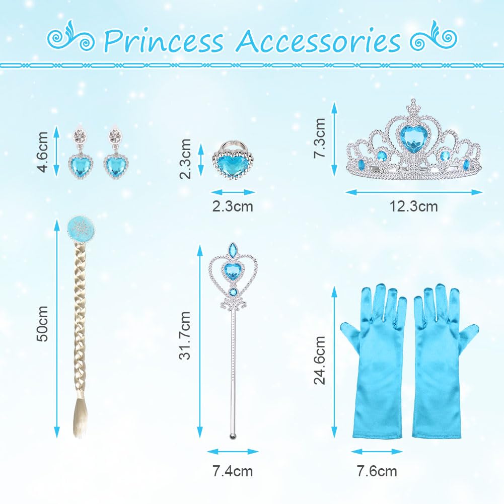 AOOWU Costume Principessa Bambina, Vestito da Principessa da Ragazza con Accessori, Set da Principesse Blu Vestiti per Halloween, Carnevale, Cosplay, Festa, Ideal Regali per Ragazze