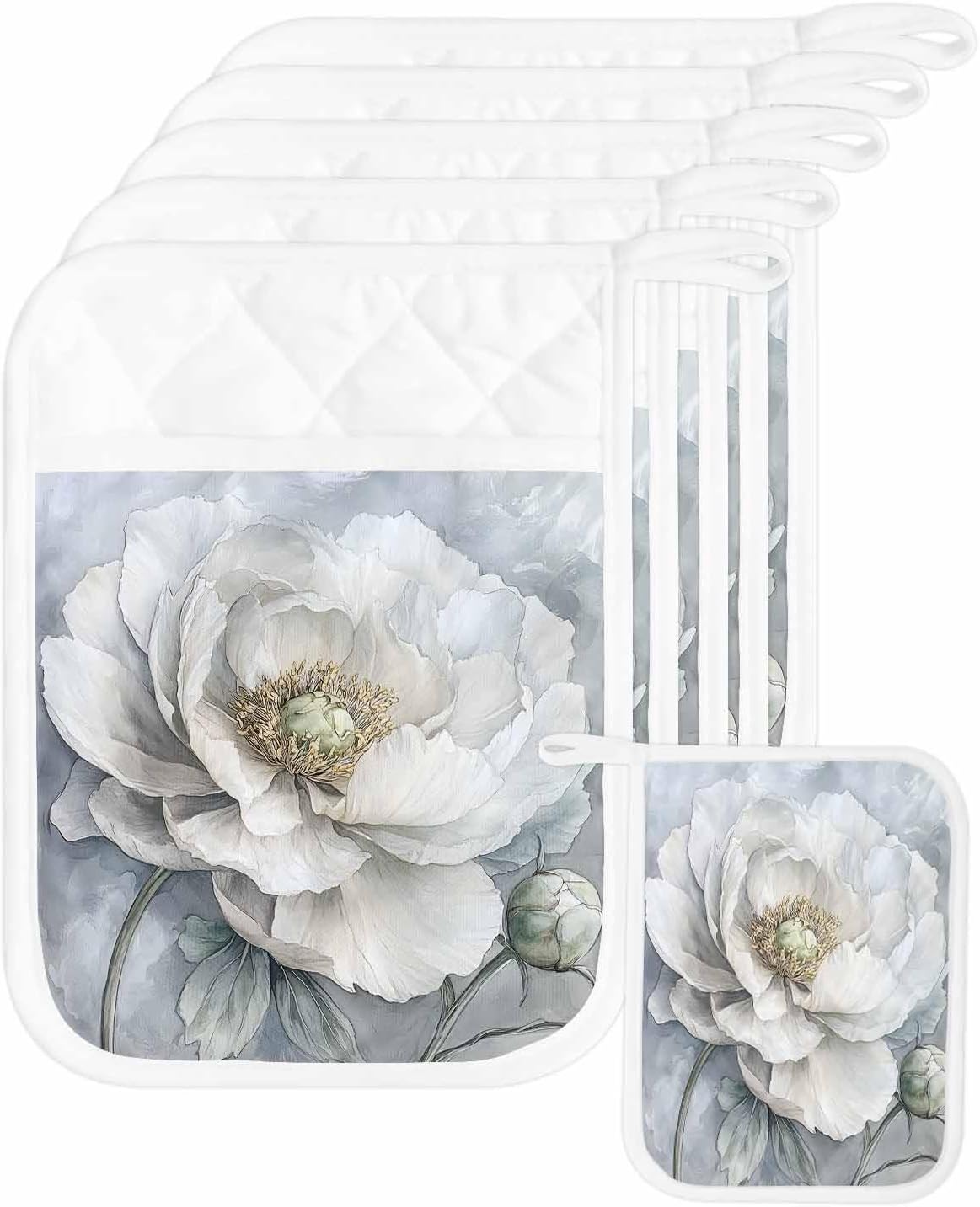 5 Pack Pot Holder with Pocket, White Peony Spring Floral Still Life Kitchen Potholders Heat Proof Non Slip Pot Holders Sets, Classic Oil Painting Art Hot Pads Potholder for Cooking Baking BBQ