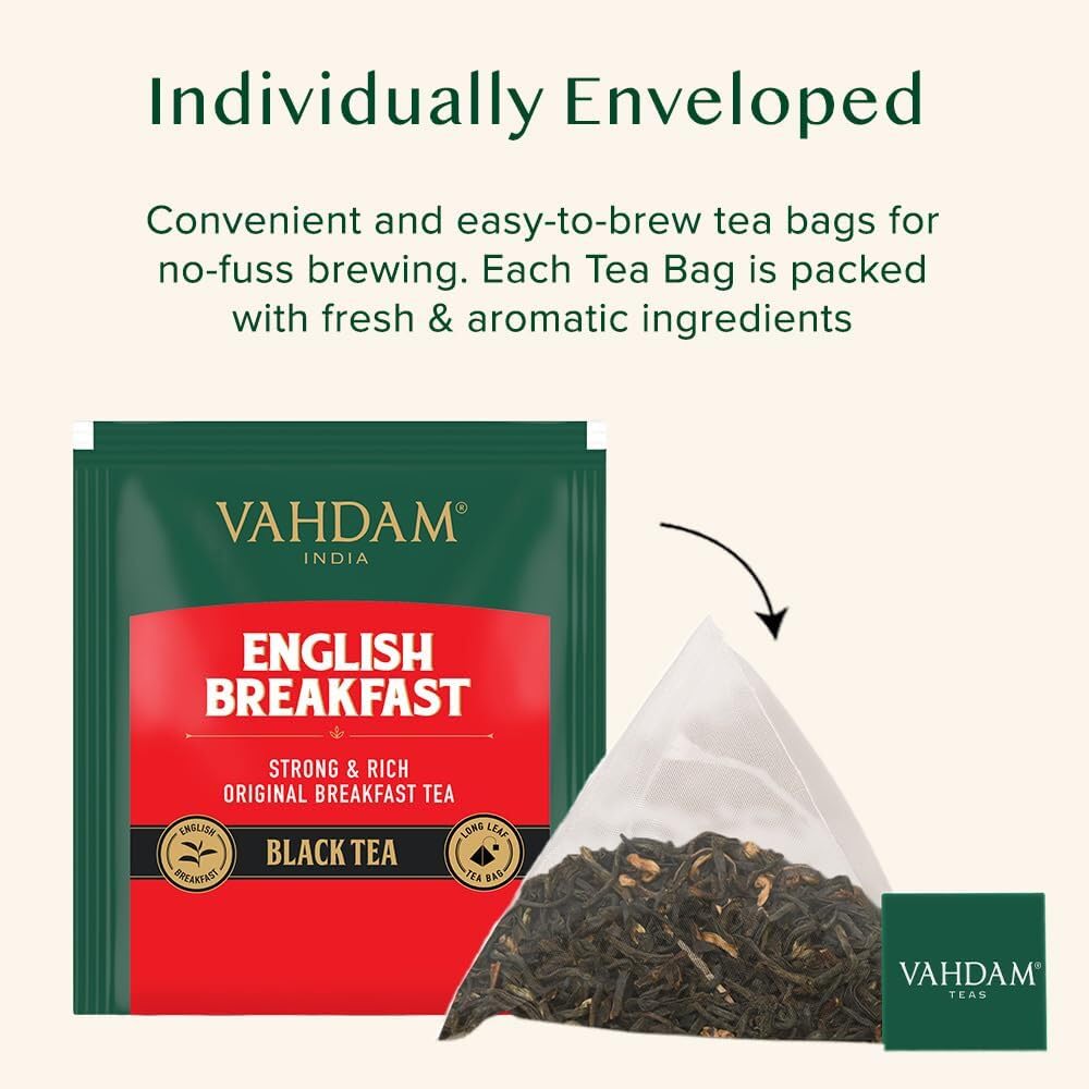 VAHDAM Organic English Breakfast Black Tea Bags (15 Count) High Caffeine - Coffee Replacement, Gluten Free | Individually Wrapped Pyramid Tea Bags | Strong, Robust & Flavoury | Direct from Source 1