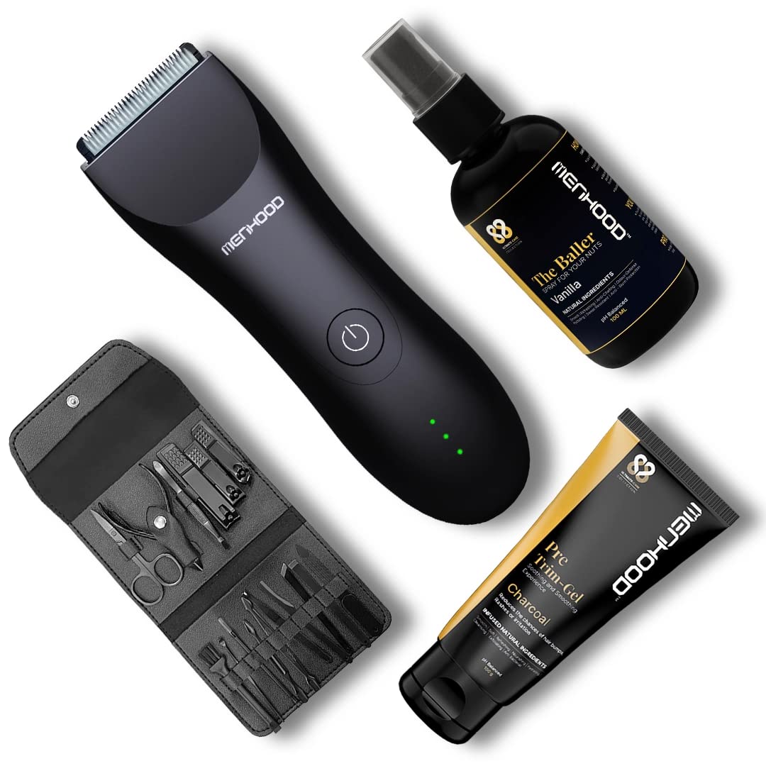MENHOODPremium Package 1.0 - Includes Menhood Grooming Trimmer 1.0, The Baller-Deodorant for Balls, a Luxury Manicure Pedicure Set (16 pcs set) (Vanilla)