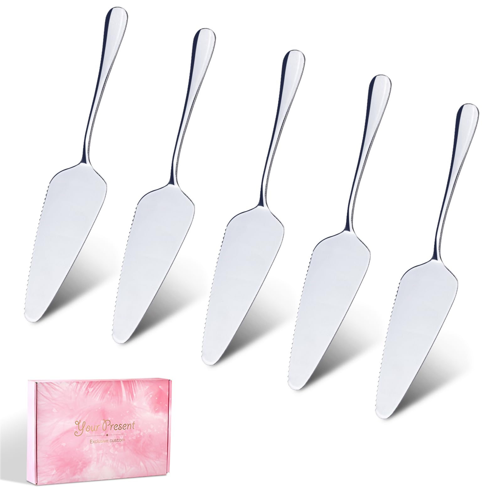RETON 5 Pcs Pie Server Set, Stainless Steel Cake Cutter Pizza Spatula Server, Triangular Spade Pie Cutter Serving Utensils for Cutting Pizza, Cake, Pie, Dessert (8.9 Inch, Serrated Edge)