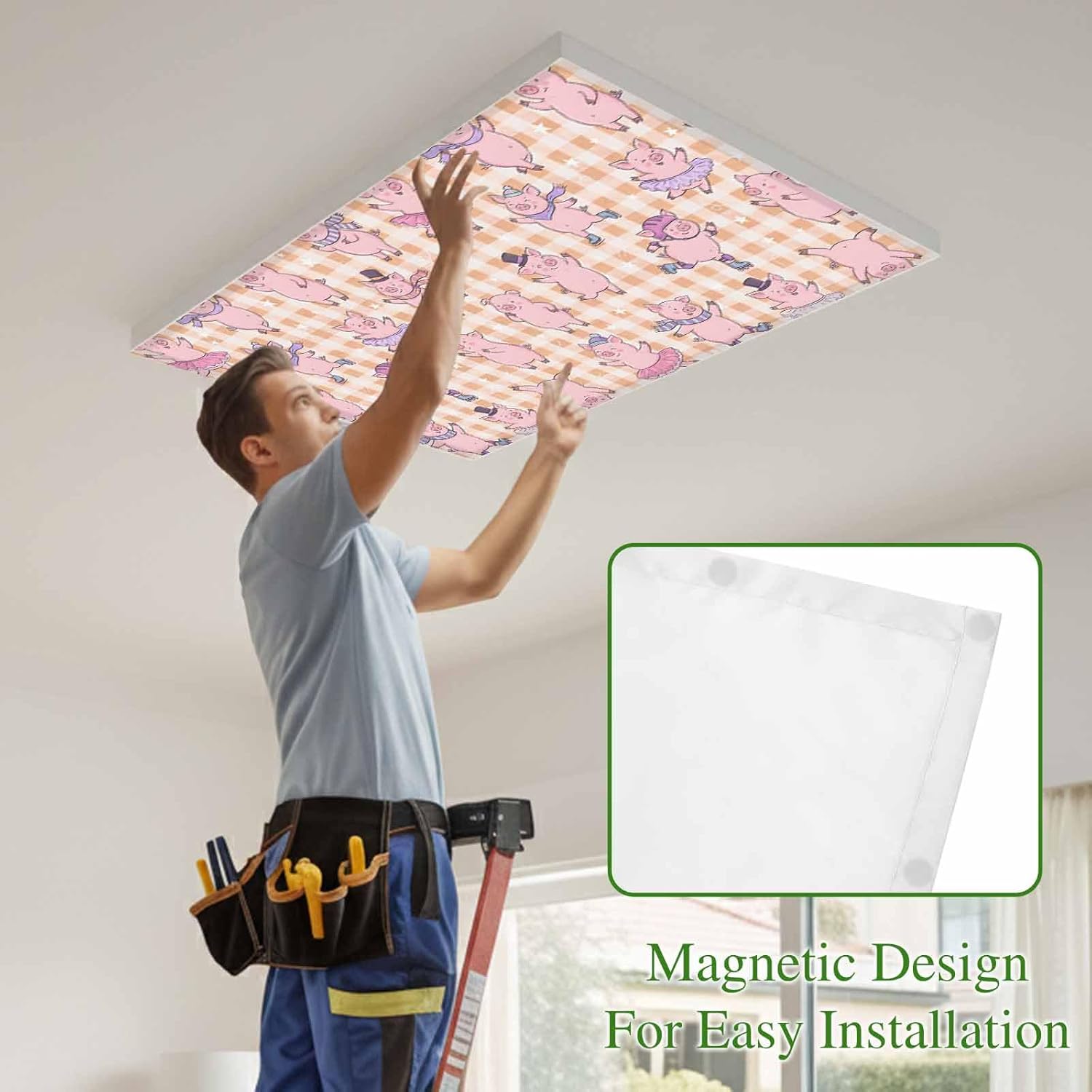 Pink Pigs Fluorescent Light Covers for Ceiling Lights 4x2 feet,4 Pack Magnetic Light Filters for Classroom,Orange Checkered Farmhouse Art Plaid Elegant Animals Fluorescent Lamp Shade Panel for Office