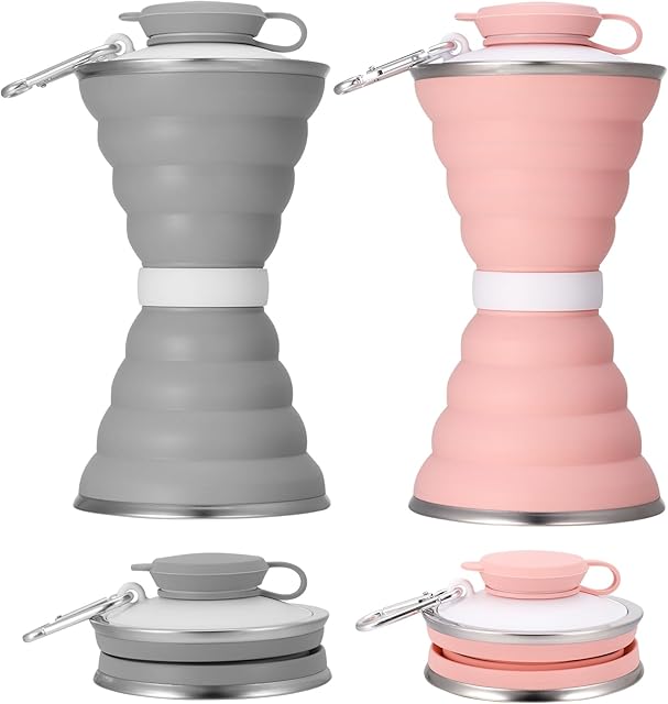 Firtink 2 Pcs Collapsible Water Bottle, 500ml Silicone Portable Travel Water Bottle Leak-Proof Reusable Foldable Cup with Carabiner and Strap for Sports Gym Camping Hiking Cycling Outdoor Activities
