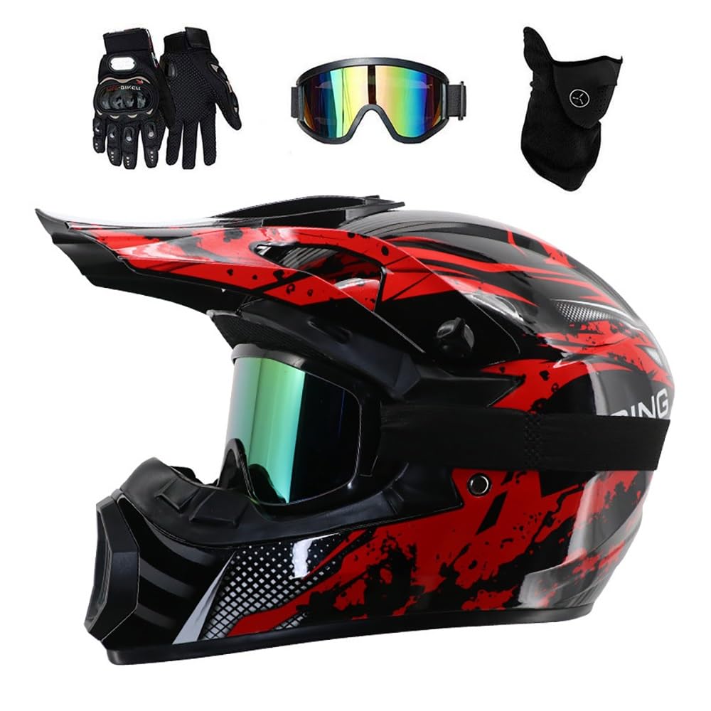 Full Face Motocross Helmet, with Goggles Gloves Mask, Youth Kids Off Road Sport ATV Scooter Motorbike Crash Helmet, Downhill Enduro MTB BMX Racing Quad Dirt Bike Helmets(Z11,L/57-58CM)