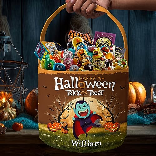 Macorner Personalized Halloween Spooky Bucket - Halloween Gifts For Kids Candy Bucket Pumpkin Pattern - Halloween Party Tote Bags Gift Basket Goody Bucket - Trick Or Treat Kid Name Halloween